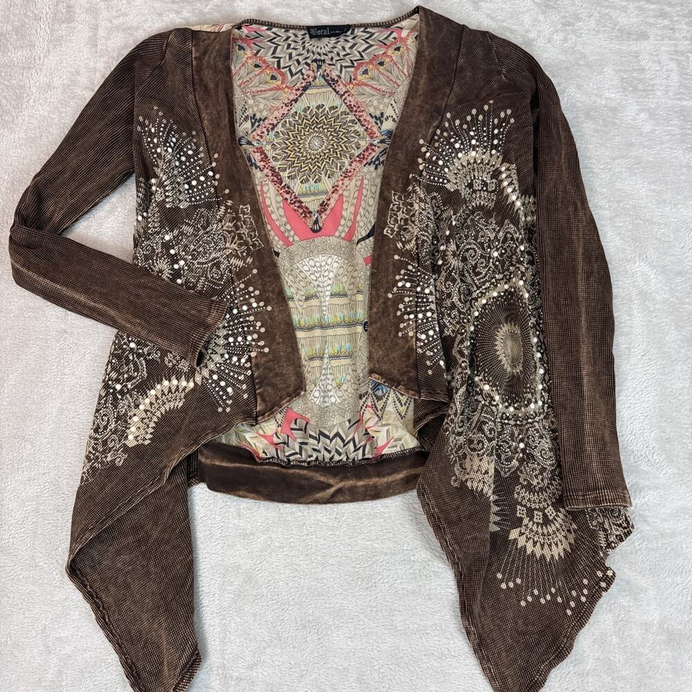 Vocal Women’s Festival Beaded Cardigan M Beaded Tribal Open Western Hippie Boho